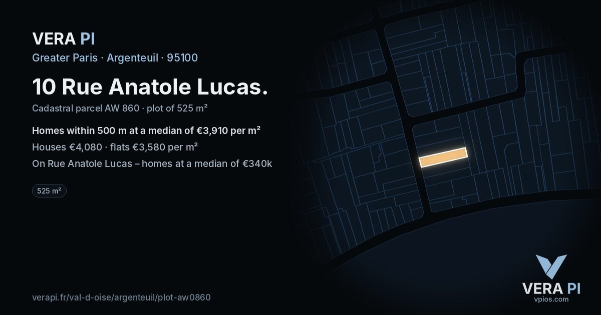 10 Rue Anatole Lucas, Argenteuil at night – the plot lit, the parcels around coloured by the prices near them