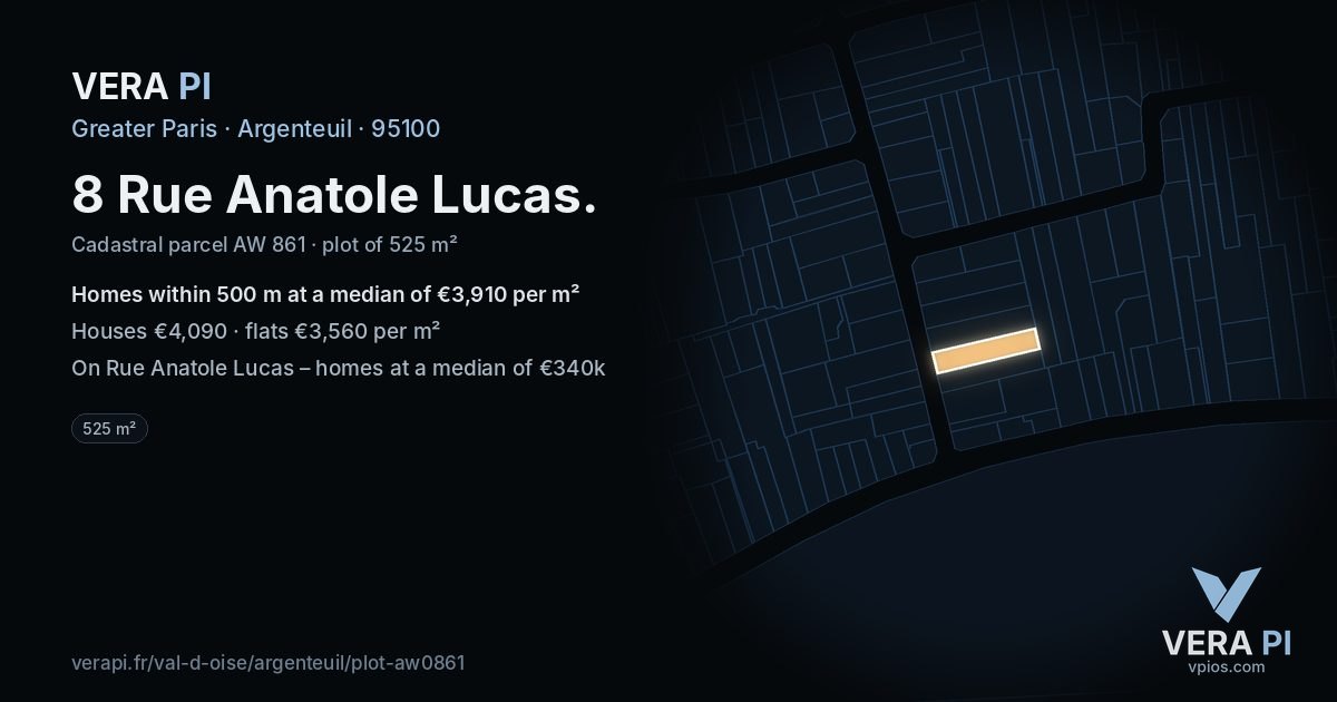 8 Rue Anatole Lucas, Argenteuil at night – the plot lit, the parcels around coloured by the prices near them