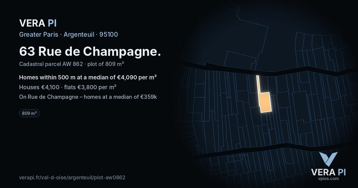 63 Rue de Champagne, Argenteuil at night – the plot lit, the parcels around coloured by the prices near them