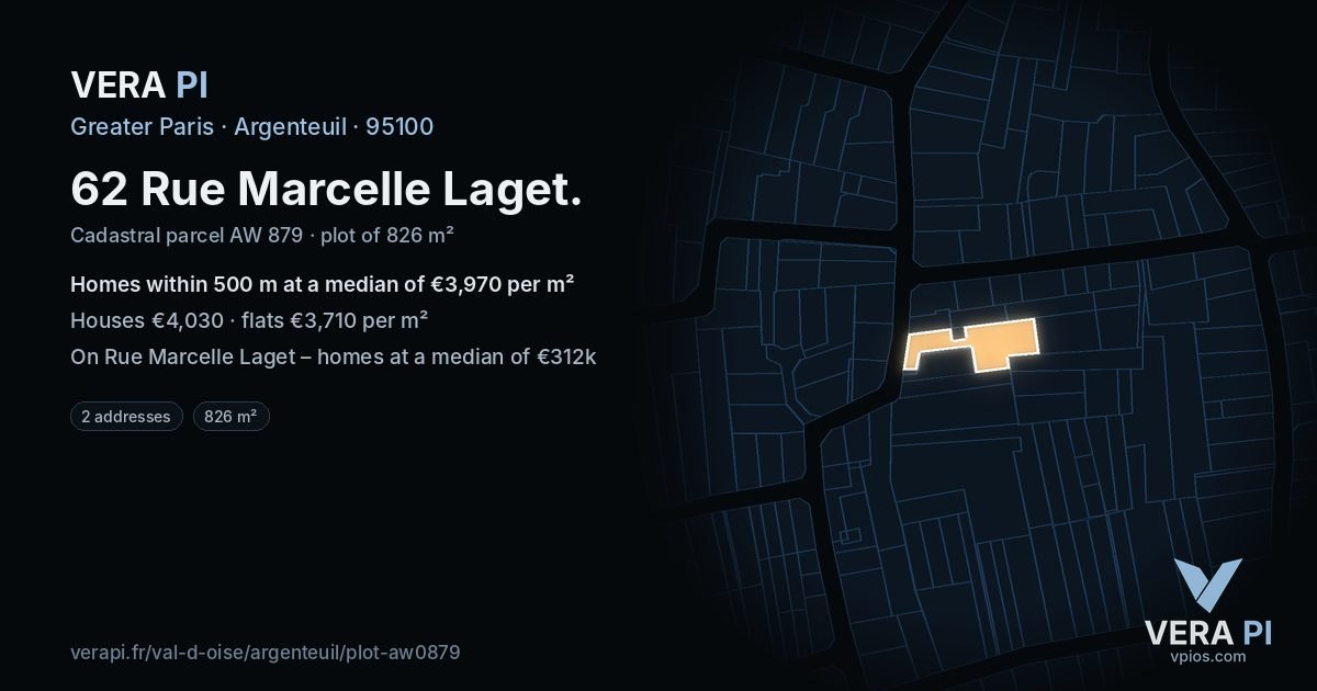 62 Rue Marcelle Laget, Argenteuil at night – the plot lit, the parcels around coloured by the prices near them