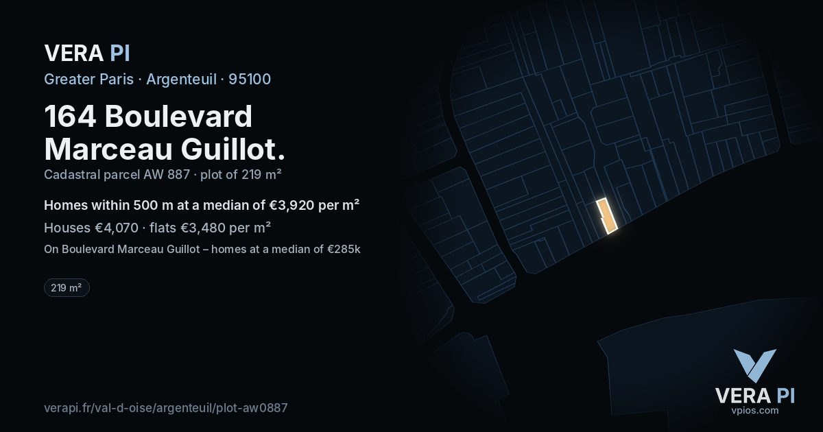 164 Boulevard Marceau Guillot, Argenteuil at night – the plot lit, the parcels around coloured by the prices near them