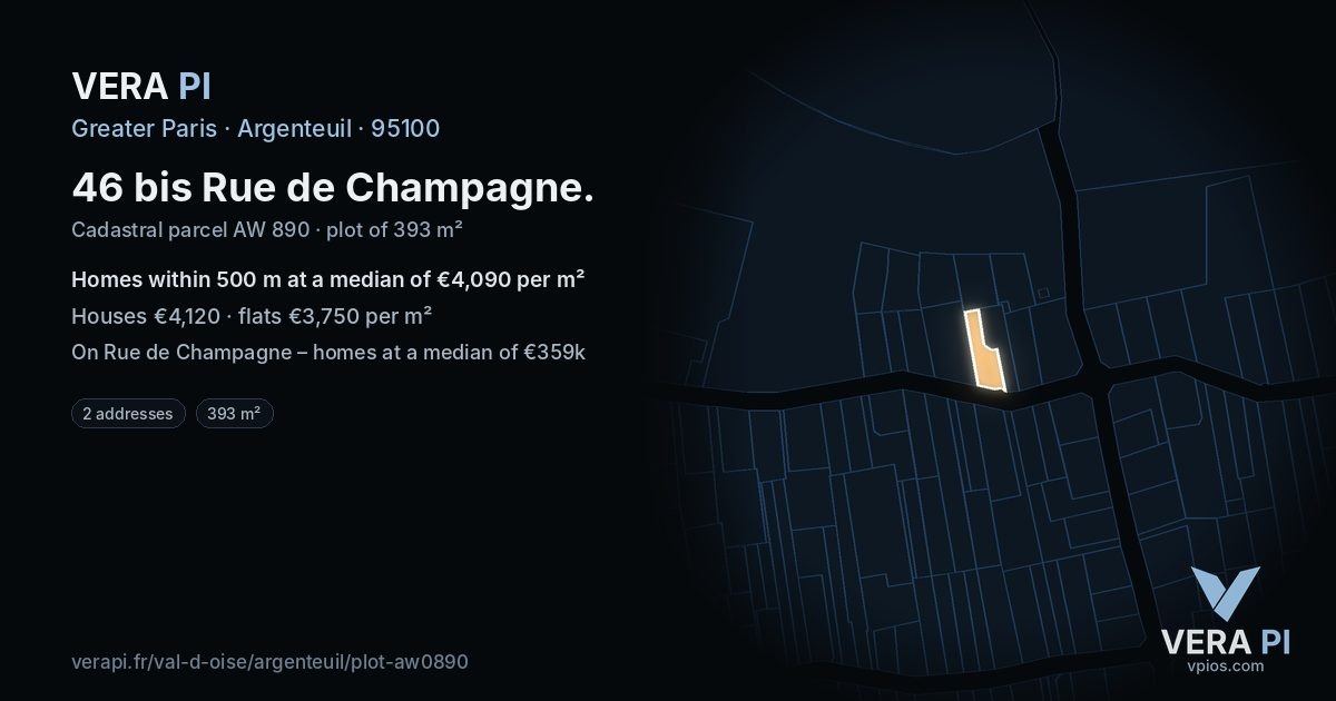 46 bis Rue de Champagne, Argenteuil at night – the plot lit, the parcels around coloured by the prices near them