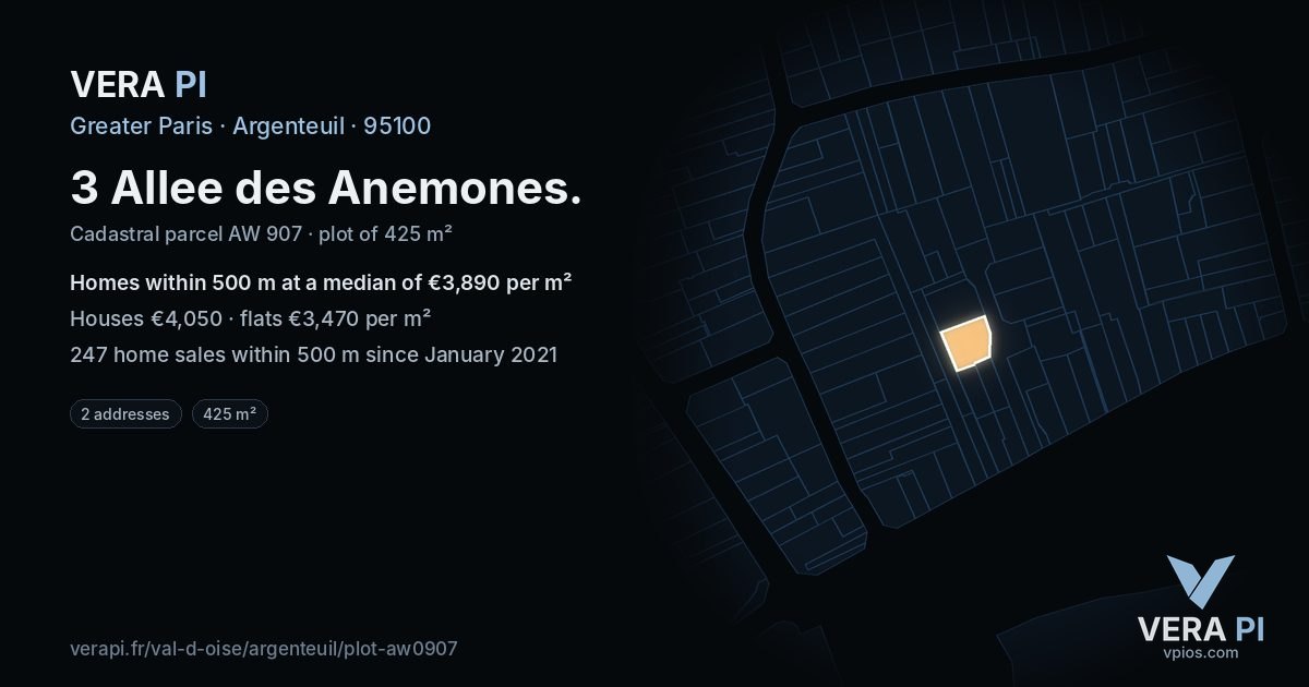 3 Allee des Anemones, Argenteuil at night – the plot lit, the parcels around coloured by the prices near them