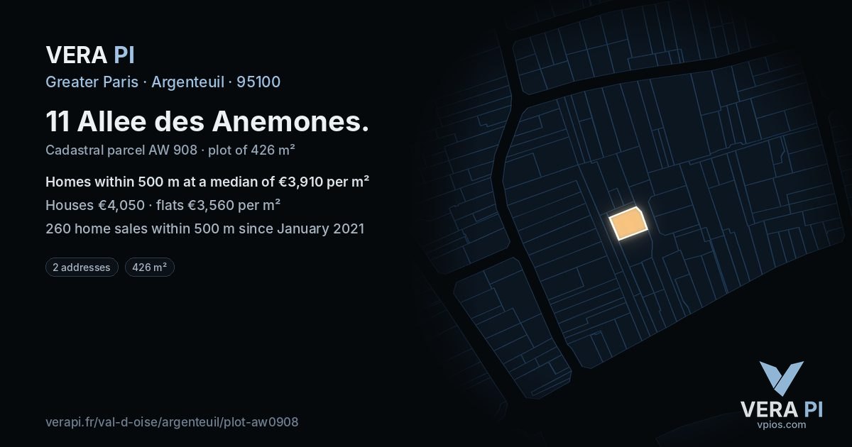 11 Allee des Anemones, Argenteuil at night – the plot lit, the parcels around coloured by the prices near them
