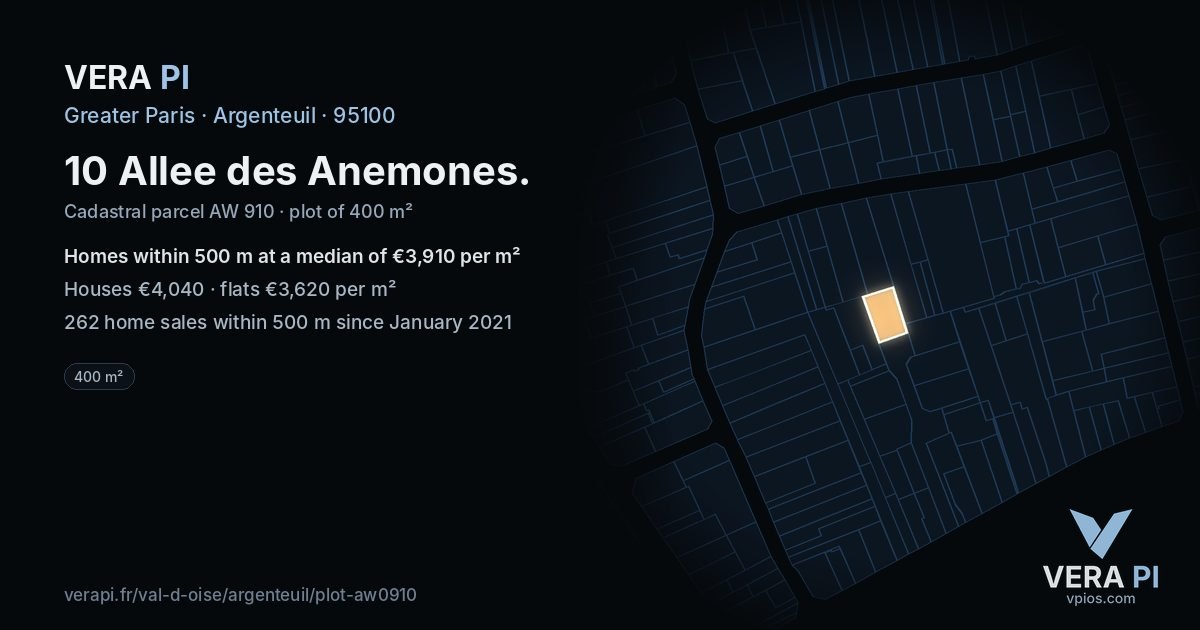 10 Allee des Anemones, Argenteuil at night – the plot lit, the parcels around coloured by the prices near them