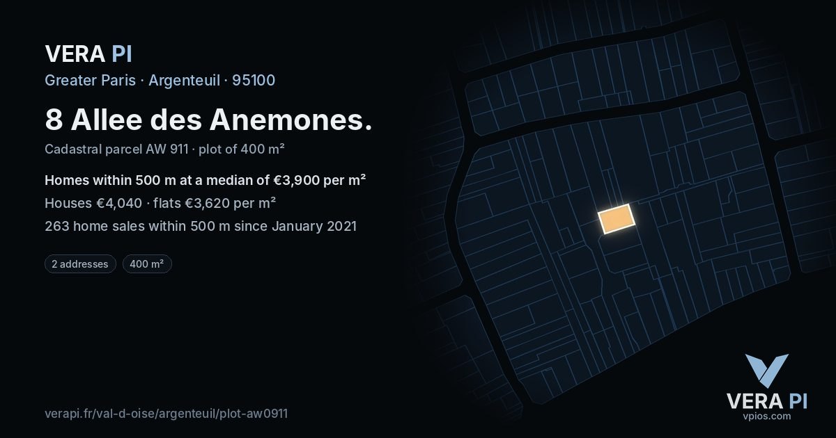 8 Allee des Anemones, Argenteuil at night – the plot lit, the parcels around coloured by the prices near them