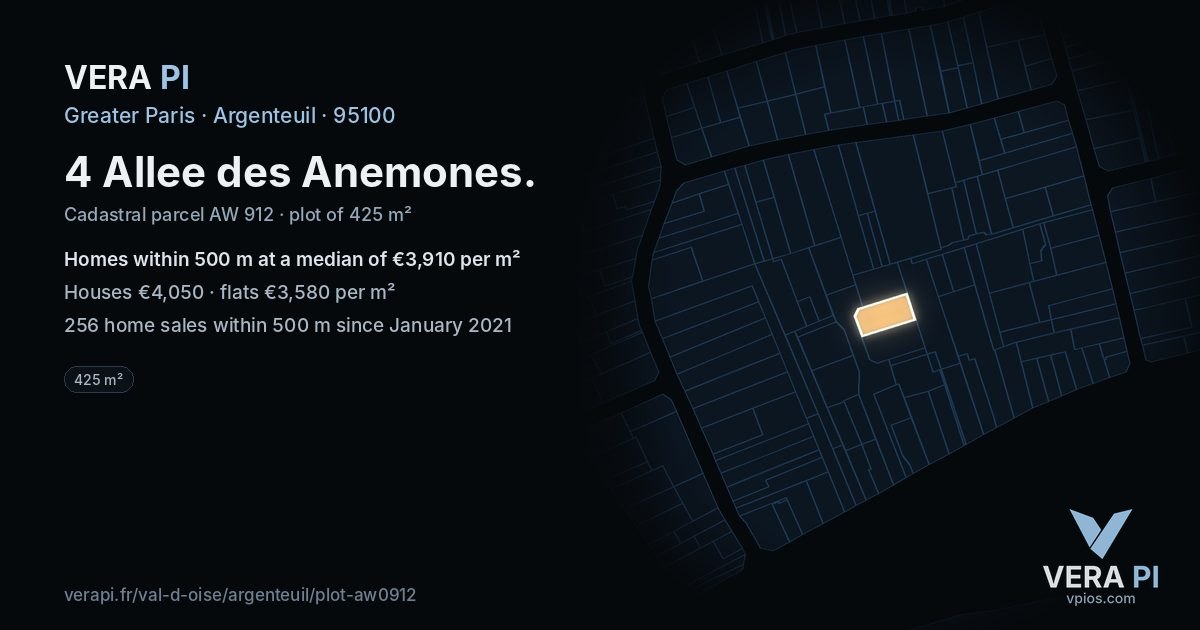 4 Allee des Anemones, Argenteuil at night – the plot lit, the parcels around coloured by the prices near them