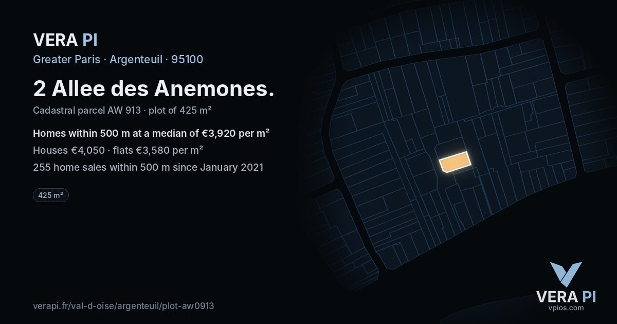2 Allee des Anemones, Argenteuil at night – the plot lit, the parcels around coloured by the prices near them