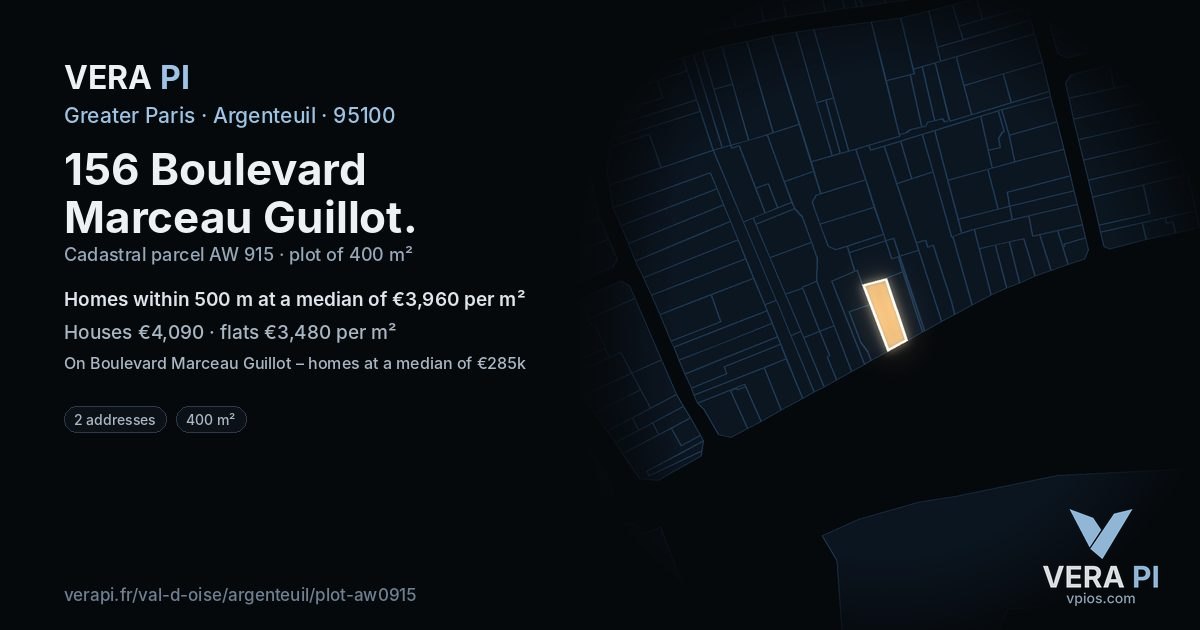 156 Boulevard Marceau Guillot, Argenteuil at night – the plot lit, the parcels around coloured by the prices near them