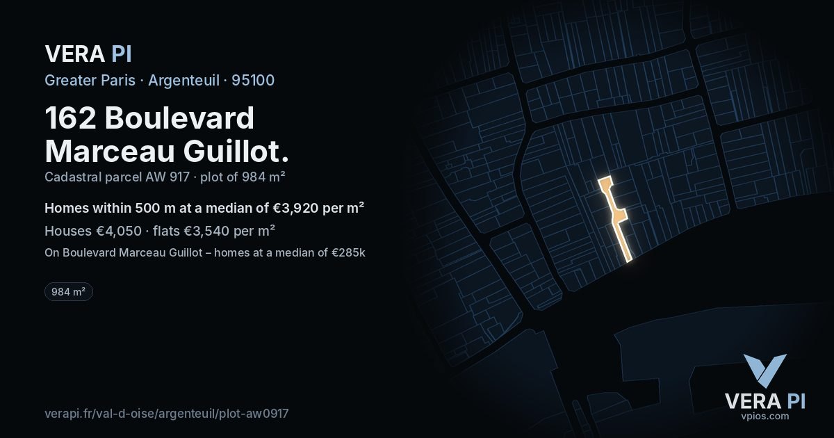 162 Boulevard Marceau Guillot, Argenteuil at night – the plot lit, the parcels around coloured by the prices near them