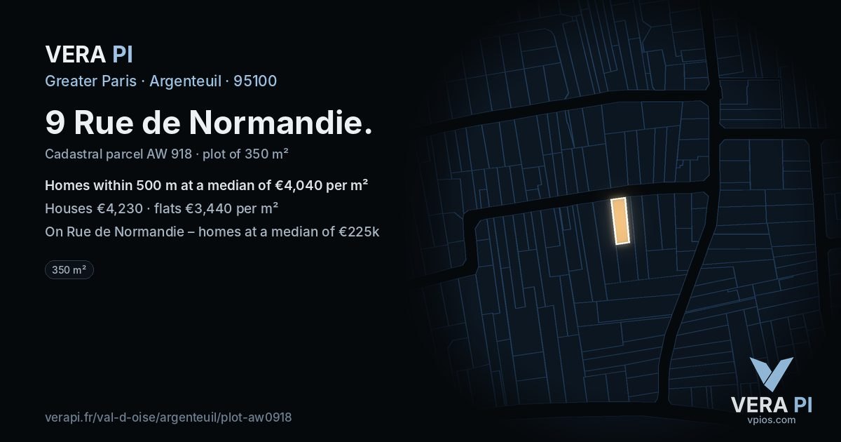 9 Rue de Normandie, Argenteuil at night – the plot lit, the parcels around coloured by the prices near them