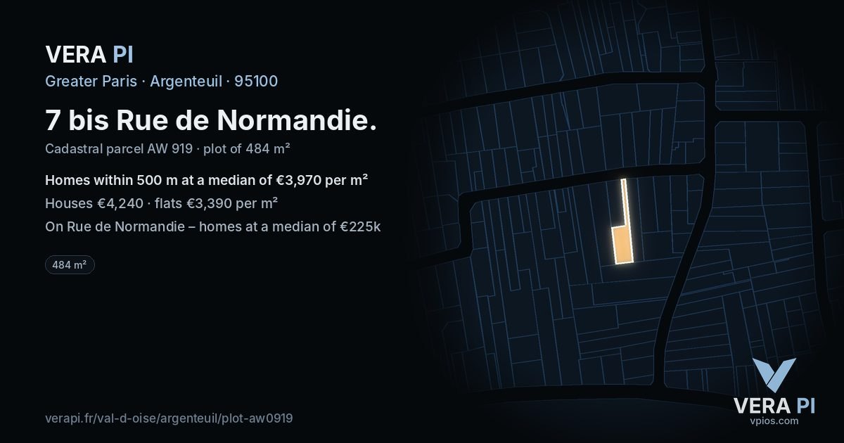 7 bis Rue de Normandie, Argenteuil at night – the plot lit, the parcels around coloured by the prices near them