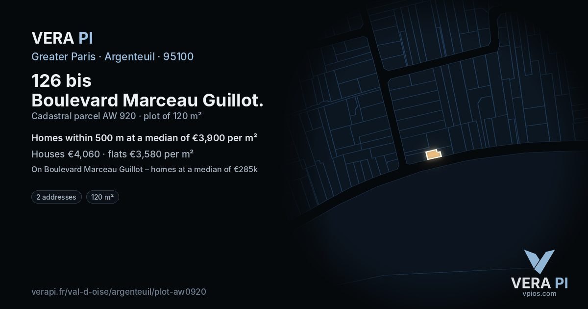 126 bis Boulevard Marceau Guillot, Argenteuil at night – the plot lit, the parcels around coloured by the prices near them