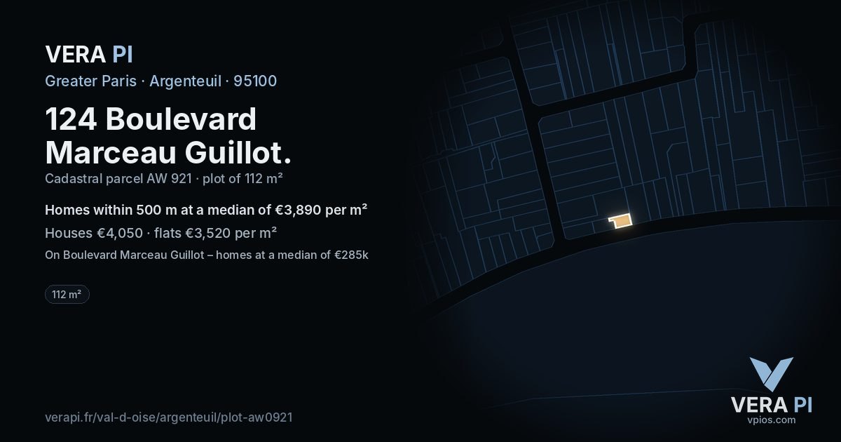 124 Boulevard Marceau Guillot, Argenteuil at night – the plot lit, the parcels around coloured by the prices near them