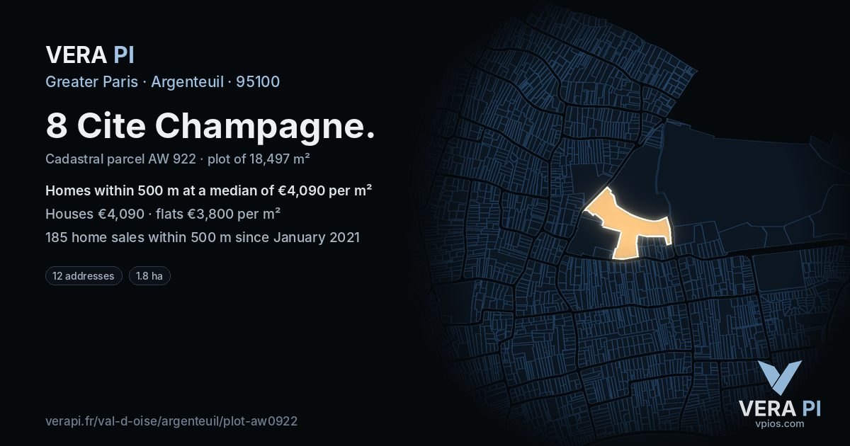 8 Cite Champagne, Argenteuil at night – the plot lit, the parcels around coloured by the prices near them