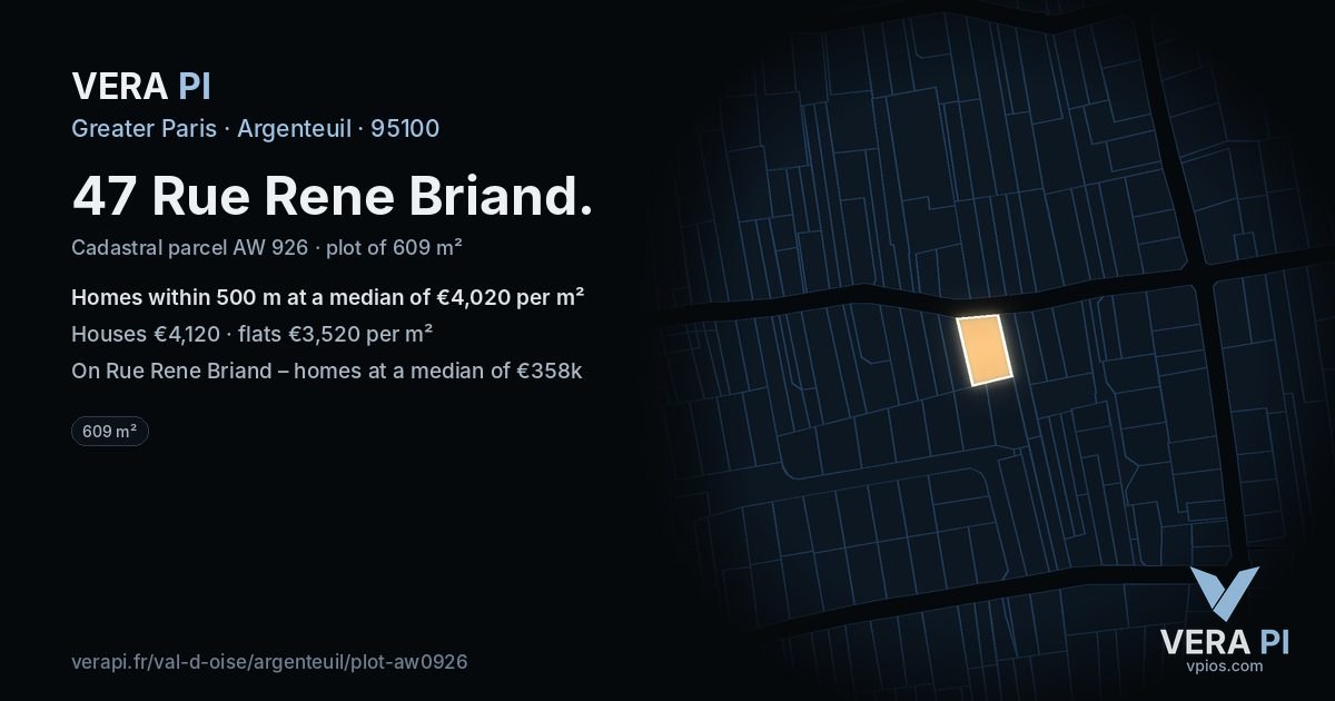 47 Rue Rene Briand, Argenteuil at night – the plot lit, the parcels around coloured by the prices near them