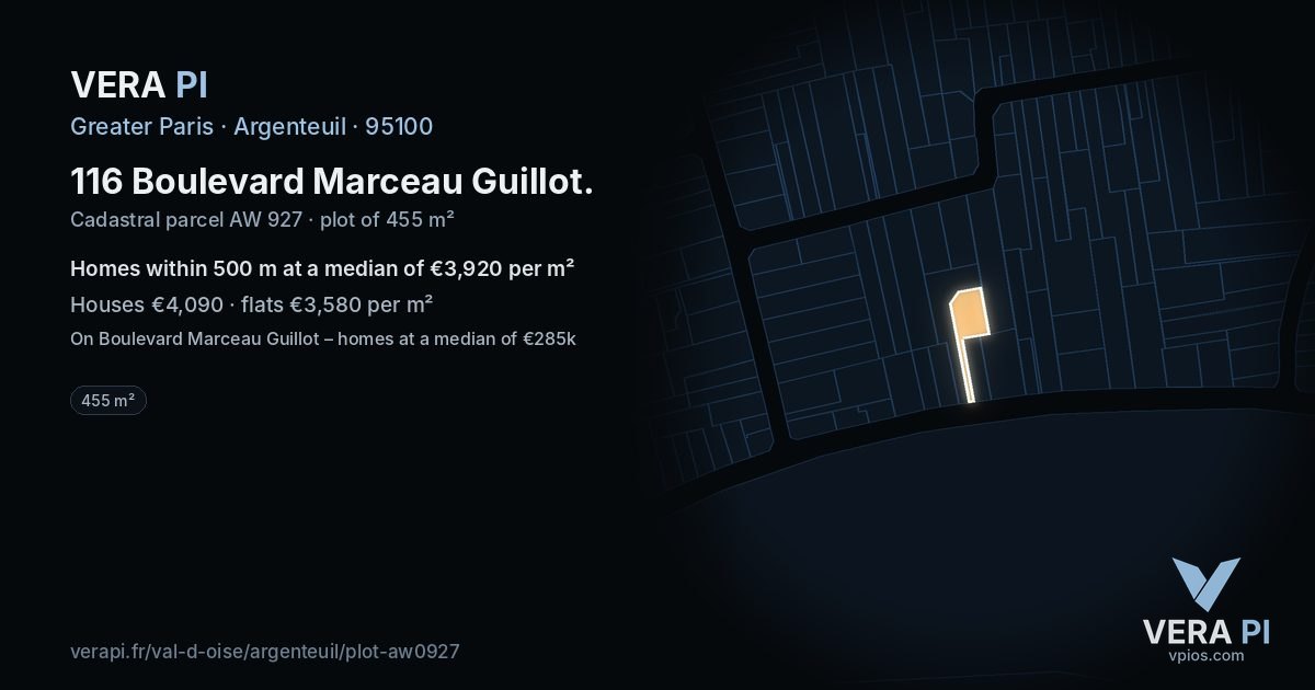 116 Boulevard Marceau Guillot, Argenteuil at night – the plot lit, the parcels around coloured by the prices near them