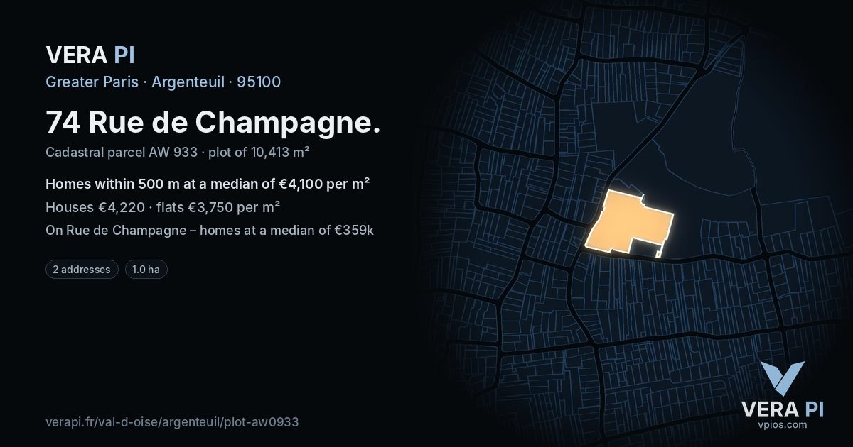 74 Rue de Champagne, Argenteuil at night – the plot lit, the parcels around coloured by the prices near them