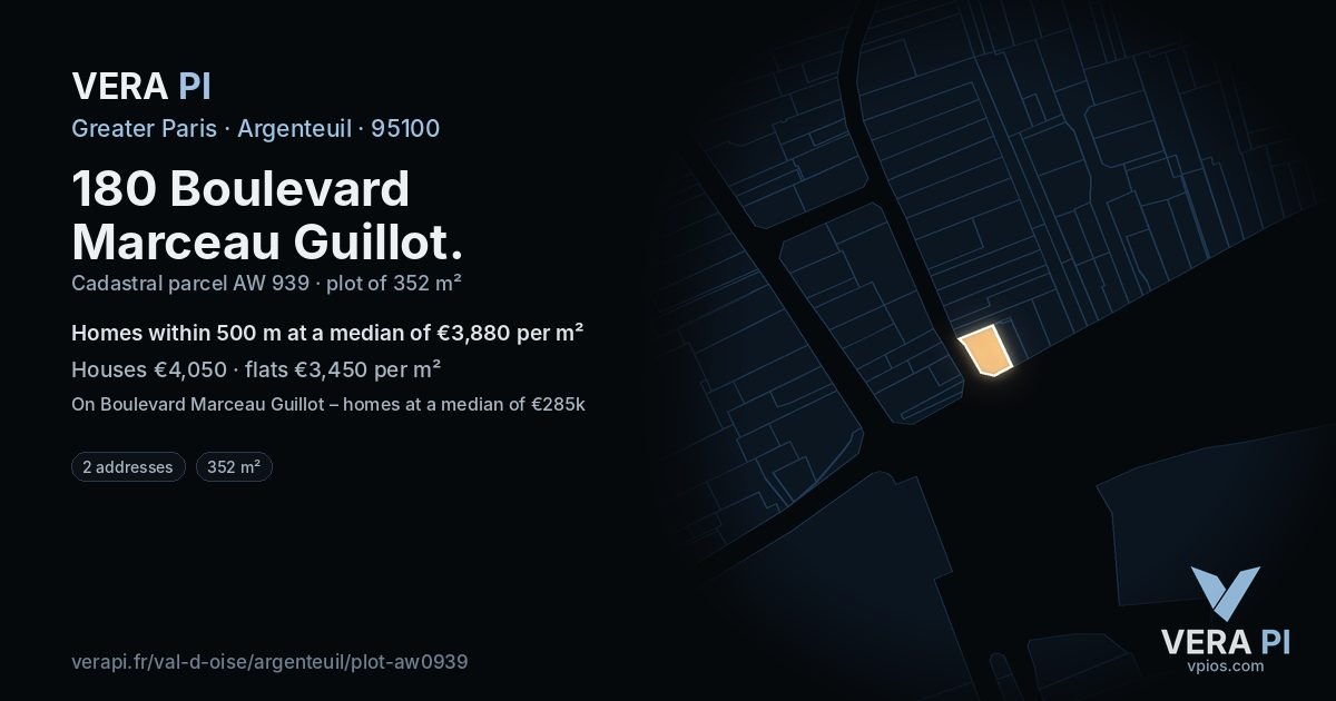 180 Boulevard Marceau Guillot, Argenteuil at night – the plot lit, the parcels around coloured by the prices near them