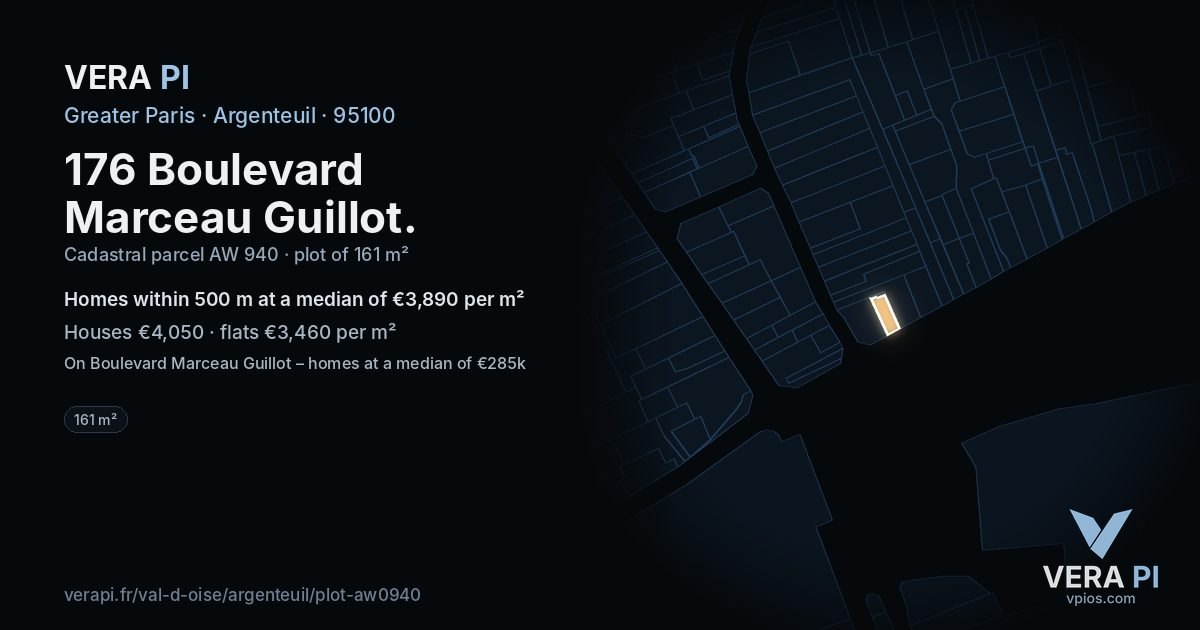 176 Boulevard Marceau Guillot, Argenteuil at night – the plot lit, the parcels around coloured by the prices near them