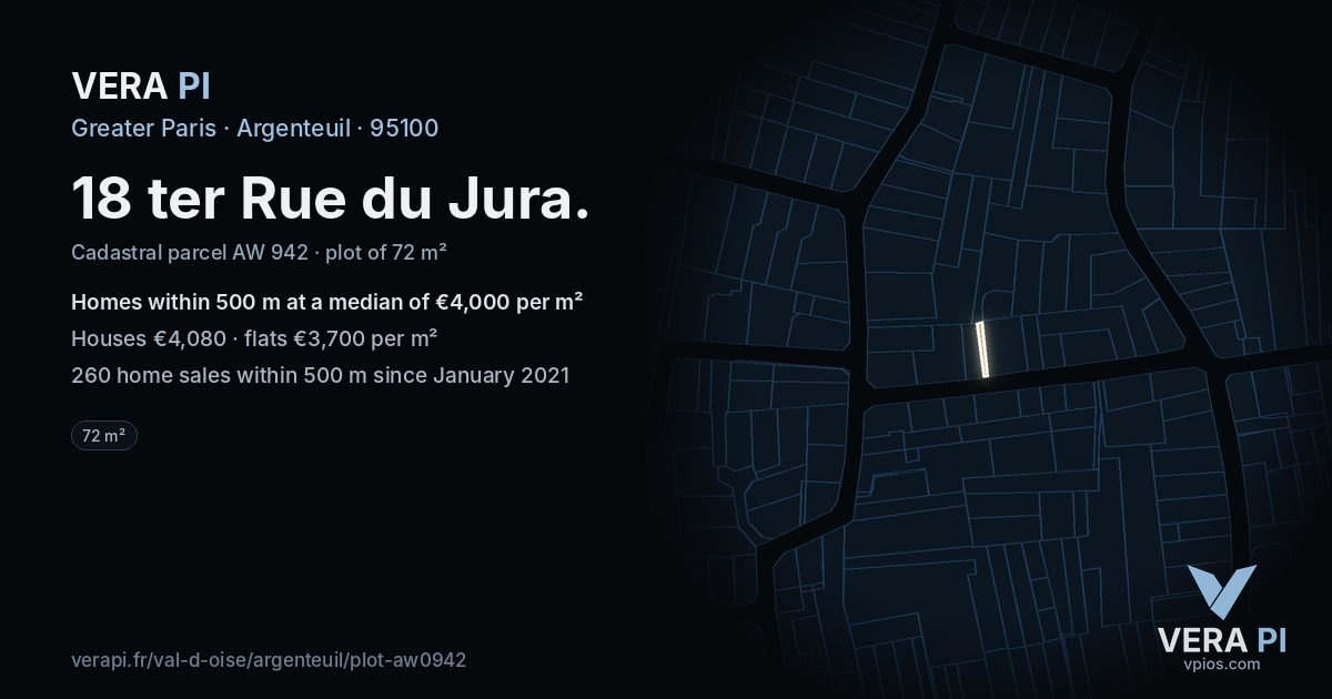 18 ter Rue du Jura, Argenteuil at night – the plot lit, the parcels around coloured by the prices near them