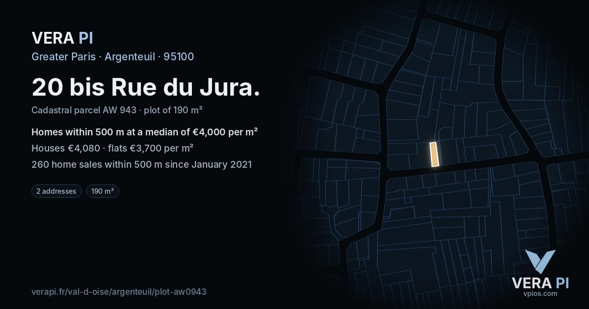 20 bis Rue du Jura, Argenteuil at night – the plot lit, the parcels around coloured by the prices near them