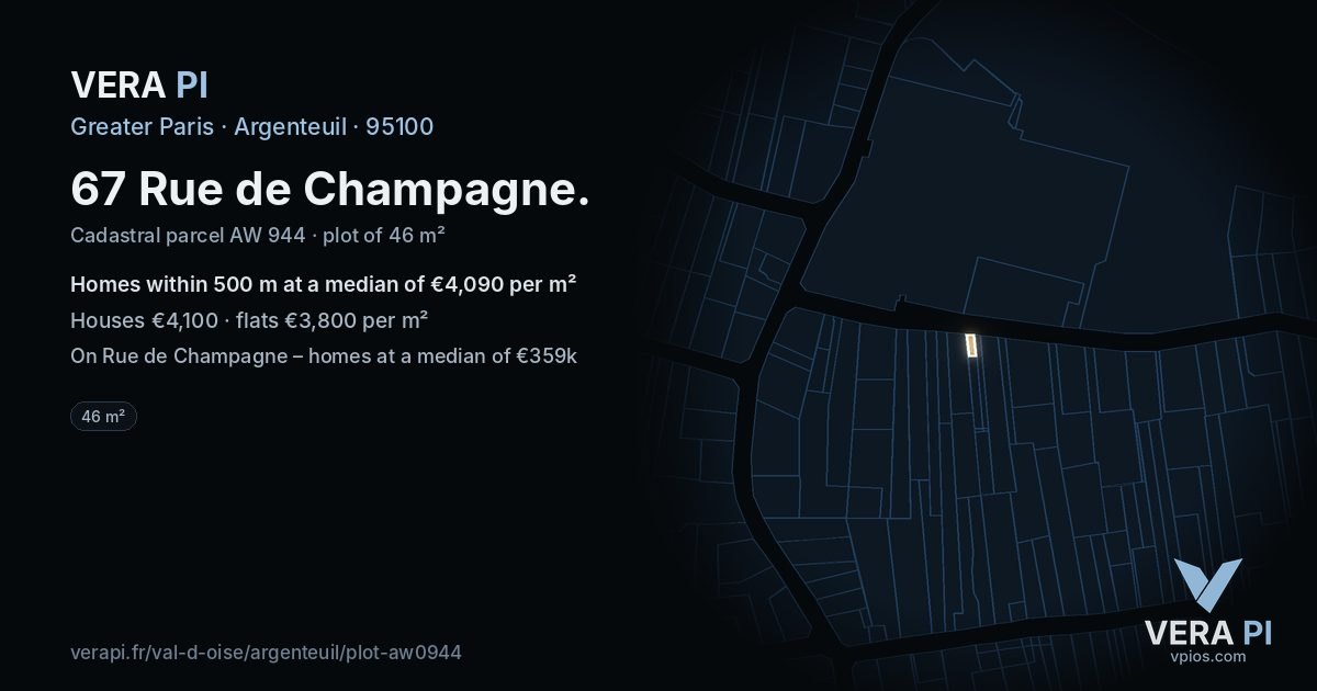 67 Rue de Champagne, Argenteuil at night – the plot lit, the parcels around coloured by the prices near them