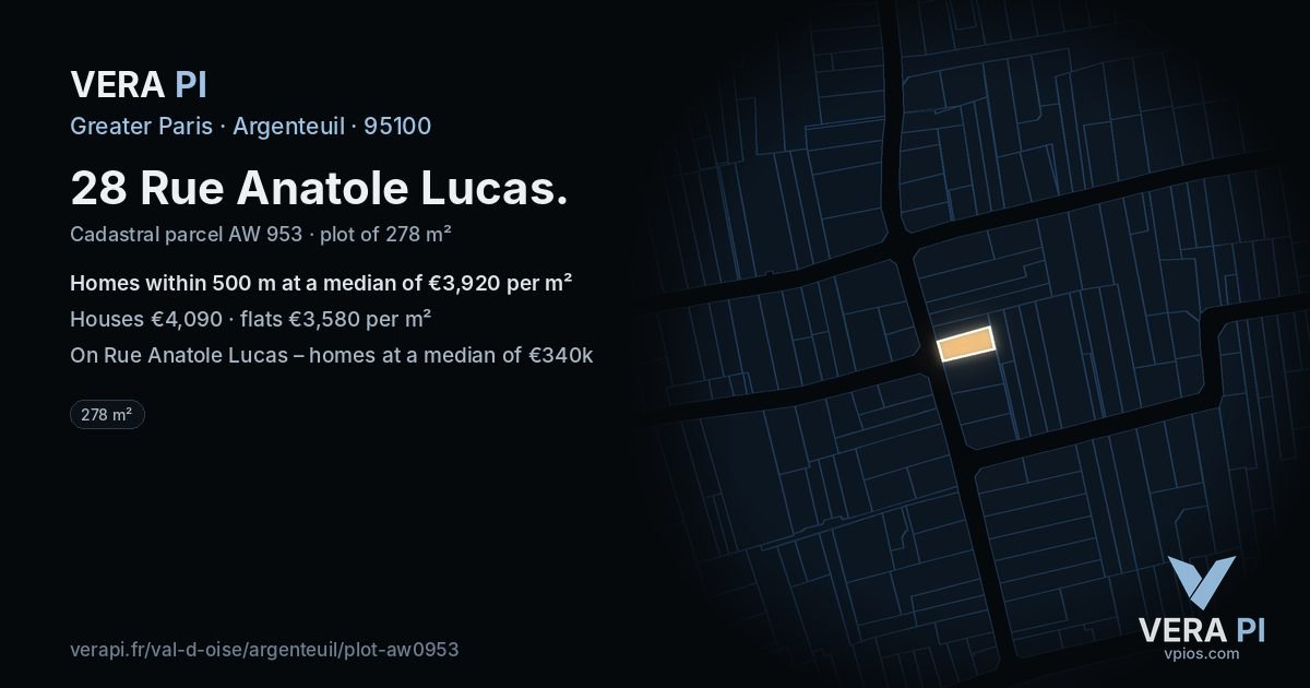 28 Rue Anatole Lucas, Argenteuil at night – the plot lit, the parcels around coloured by the prices near them