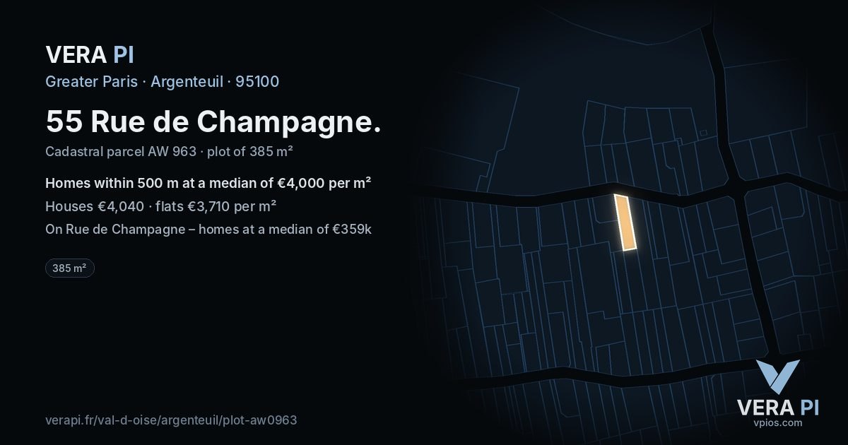 55 Rue de Champagne, Argenteuil at night – the plot lit, the parcels around coloured by the prices near them