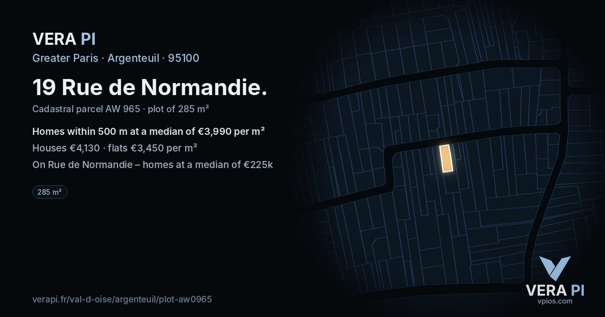 19 Rue de Normandie, Argenteuil at night – the plot lit, the parcels around coloured by the prices near them