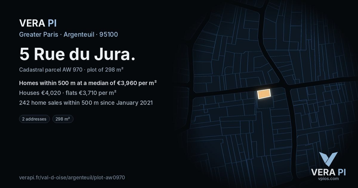5 Rue du Jura, Argenteuil at night – the plot lit, the parcels around coloured by the prices near them