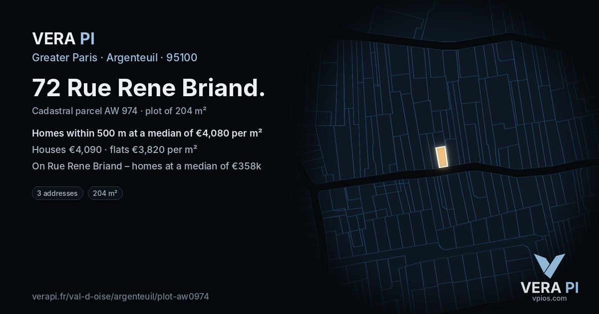 72 Rue Rene Briand, Argenteuil at night – the plot lit, the parcels around coloured by the prices near them