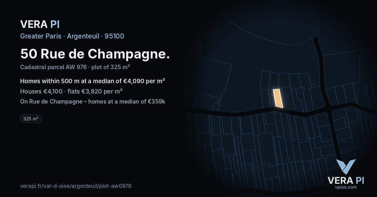 50 Rue de Champagne, Argenteuil at night – the plot lit, the parcels around coloured by the prices near them