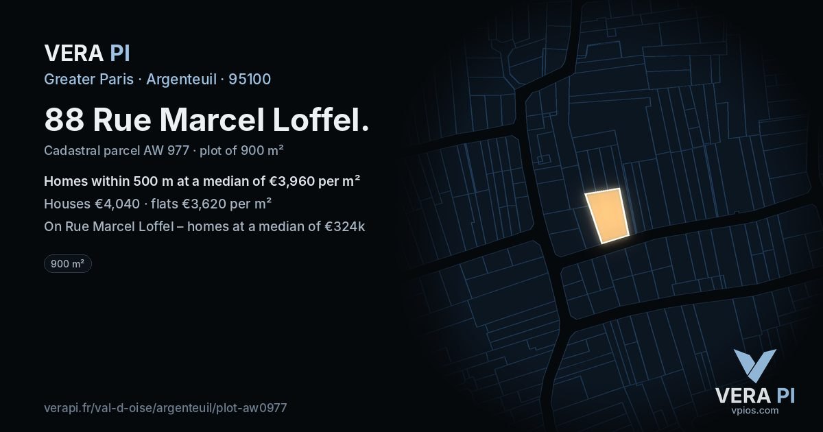 88 Rue Marcel Loffel, Argenteuil at night – the plot lit, the parcels around coloured by the prices near them