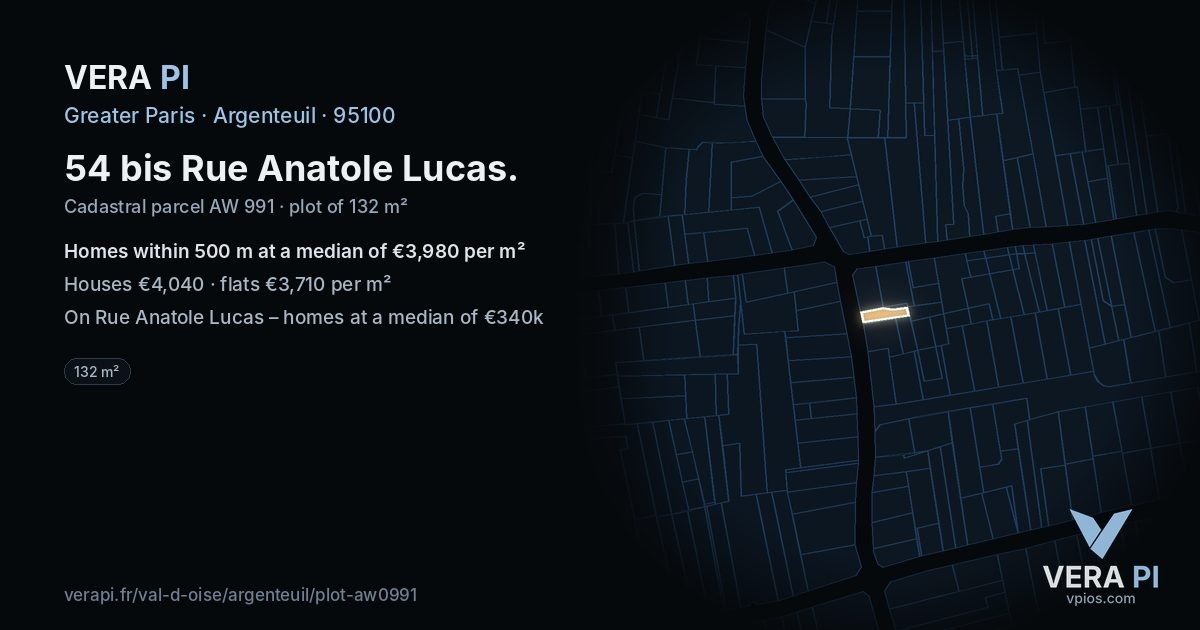 54 bis Rue Anatole Lucas, Argenteuil at night – the plot lit, the parcels around coloured by the prices near them