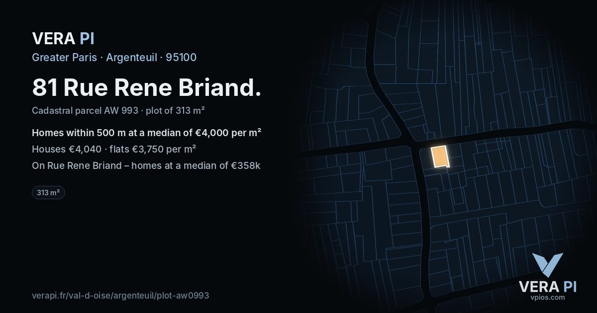 81 Rue Rene Briand, Argenteuil at night – the plot lit, the parcels around coloured by the prices near them