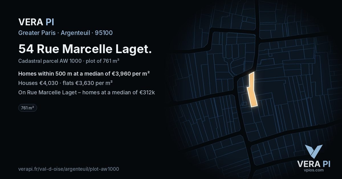 54 Rue Marcelle Laget, Argenteuil at night – the plot lit, the parcels around coloured by the prices near them