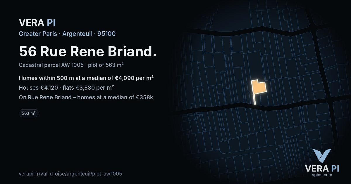 56 Rue Rene Briand, Argenteuil at night – the plot lit, the parcels around coloured by the prices near them