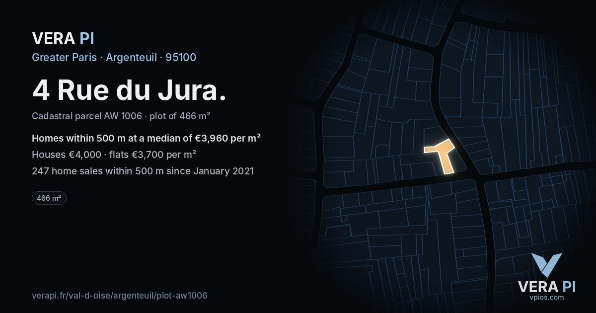 4 Rue du Jura, Argenteuil at night – the plot lit, the parcels around coloured by the prices near them