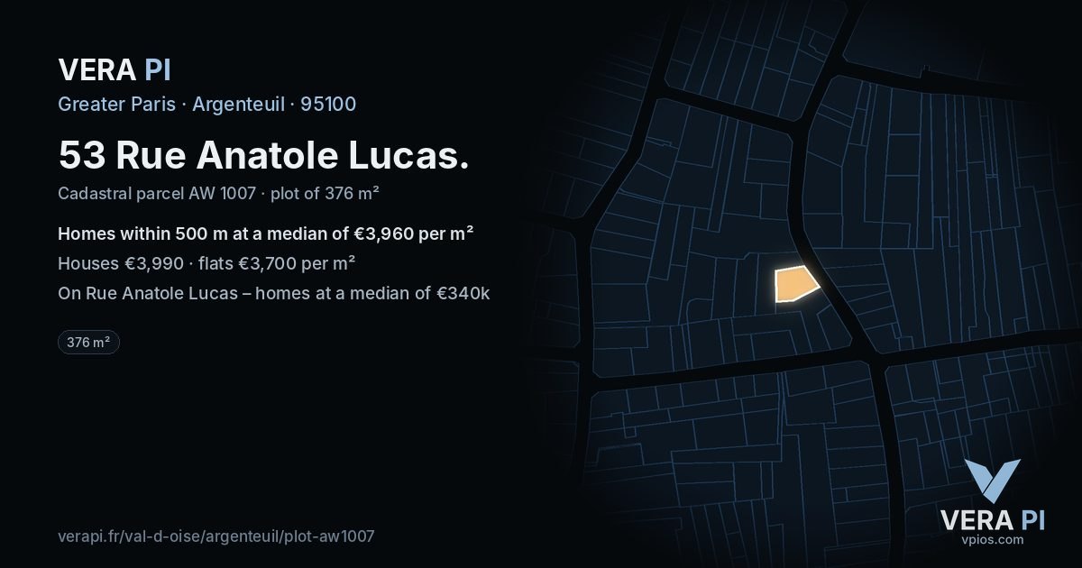 53 Rue Anatole Lucas, Argenteuil at night – the plot lit, the parcels around coloured by the prices near them
