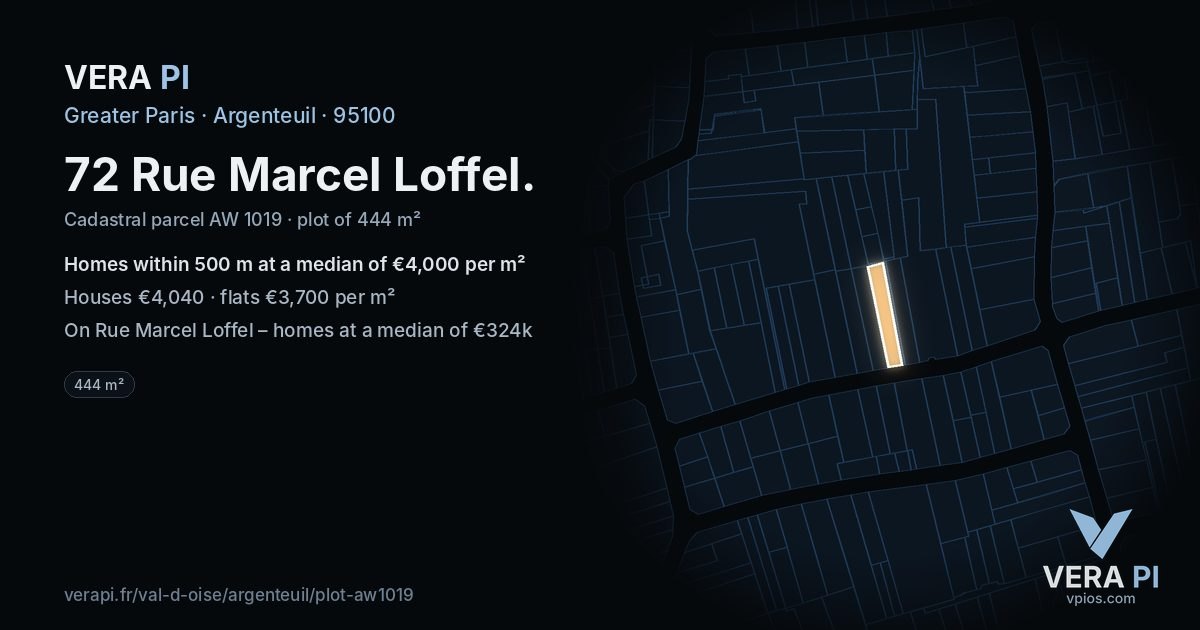 72 Rue Marcel Loffel, Argenteuil at night – the plot lit, the parcels around coloured by the prices near them