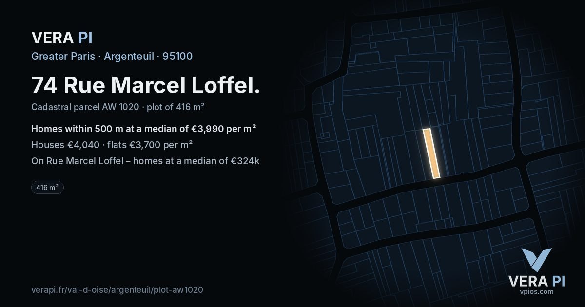 74 Rue Marcel Loffel, Argenteuil at night – the plot lit, the parcels around coloured by the prices near them