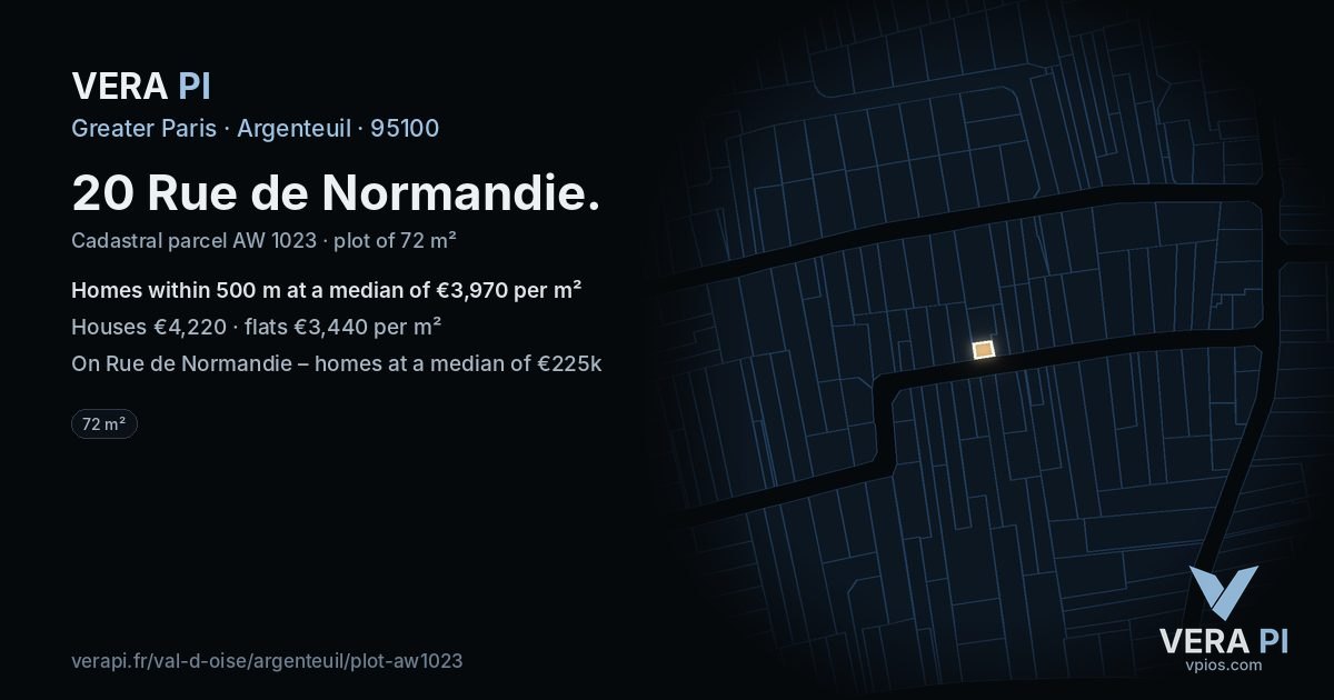 20 Rue de Normandie, Argenteuil at night – the plot lit, the parcels around coloured by the prices near them