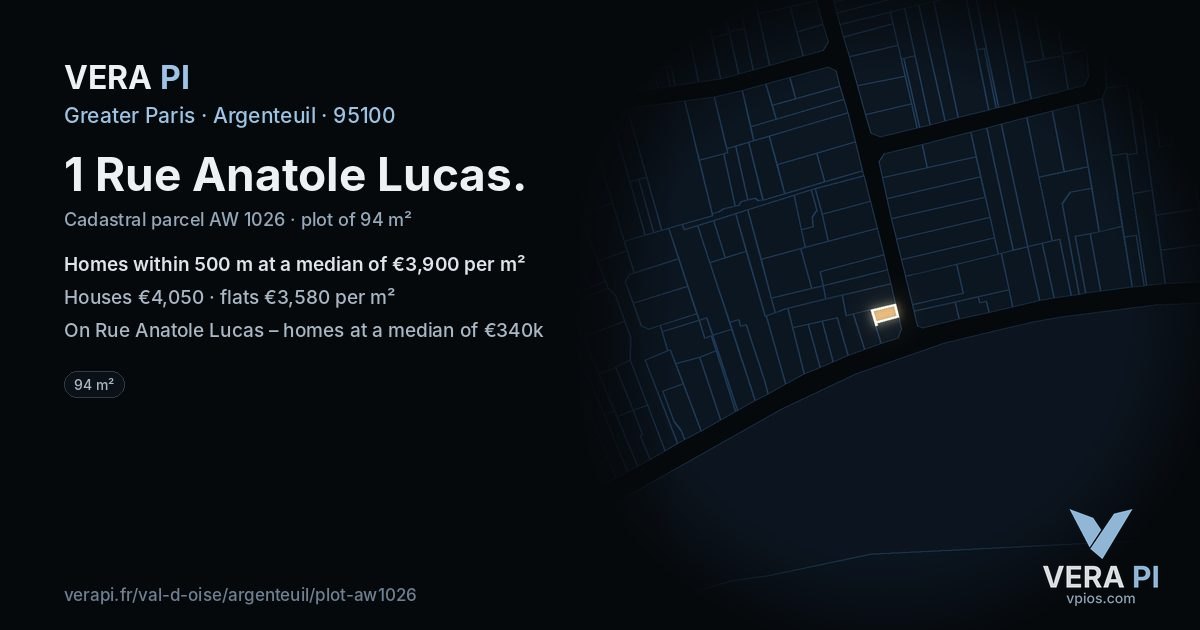 1 Rue Anatole Lucas, Argenteuil at night – the plot lit, the parcels around coloured by the prices near them
