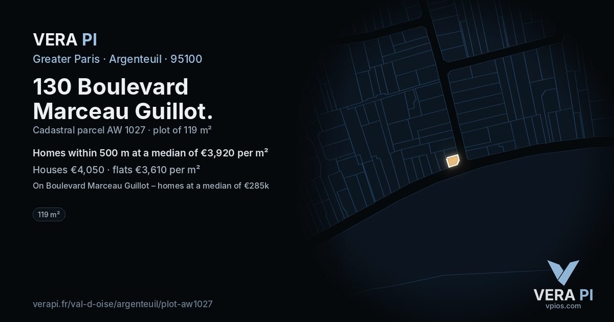 130 Boulevard Marceau Guillot, Argenteuil at night – the plot lit, the parcels around coloured by the prices near them