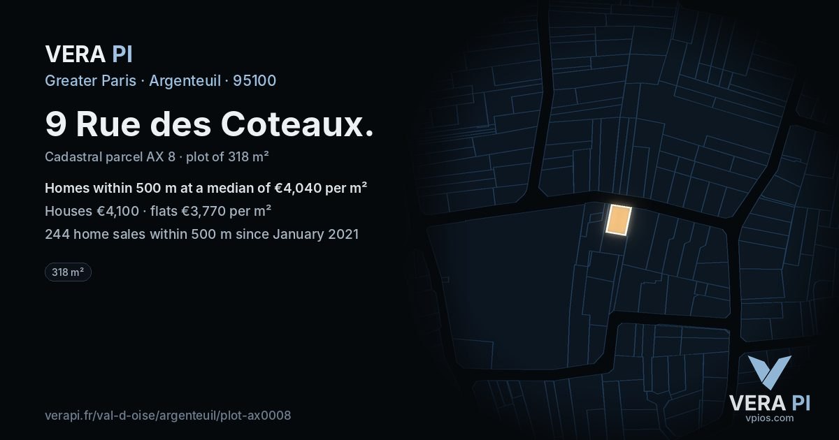 9 Rue des Coteaux, Argenteuil at night – the plot lit, the parcels around coloured by the prices near them