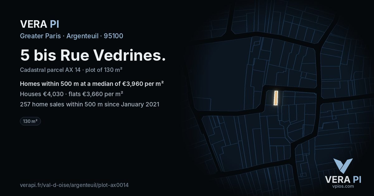 5 bis Rue Vedrines, Argenteuil at night – the plot lit, the parcels around coloured by the prices near them