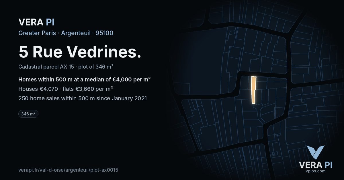 5 Rue Vedrines, Argenteuil at night – the plot lit, the parcels around coloured by the prices near them