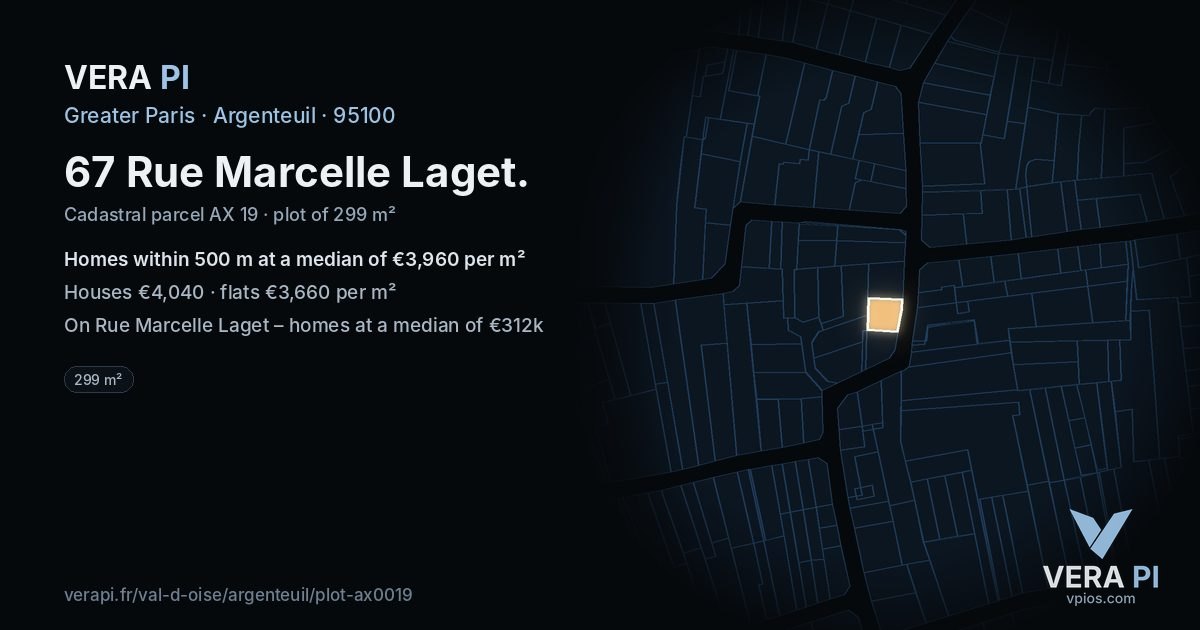 67 Rue Marcelle Laget, Argenteuil at night – the plot lit, the parcels around coloured by the prices near them