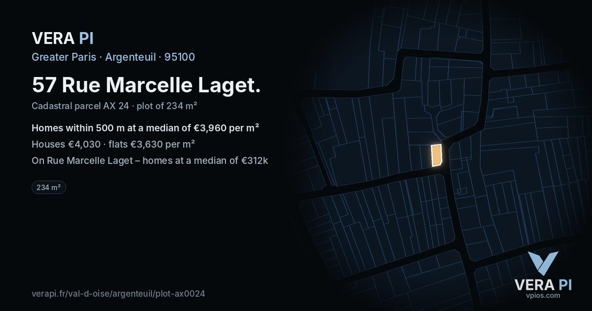 57 Rue Marcelle Laget, Argenteuil at night – the plot lit, the parcels around coloured by the prices near them